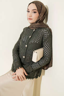 Düğmeli Kabartmalı Kısa Triko Hırka Nefti - RAFİMİX