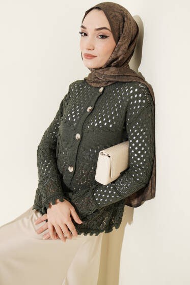 Düğmeli Kabartmalı Kısa Triko Hırka Nefti - Hırka