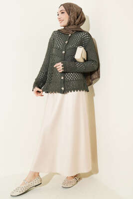 Düğmeli Kabartmalı Kısa Triko Hırka Nefti - Hırka