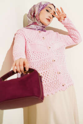 Düğmeli Kabartmalı Kısa Triko Hırka Pembe 