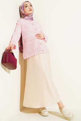 Düğmeli Kabartmalı Kısa Triko Hırka Pembe - Hırka