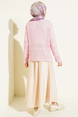 Düğmeli Kabartmalı Kısa Triko Hırka Pembe - Hırka