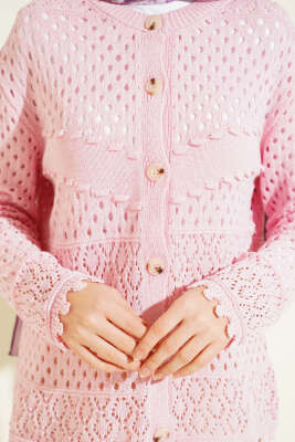 Düğmeli Kabartmalı Kısa Triko Hırka Pembe - Hırka