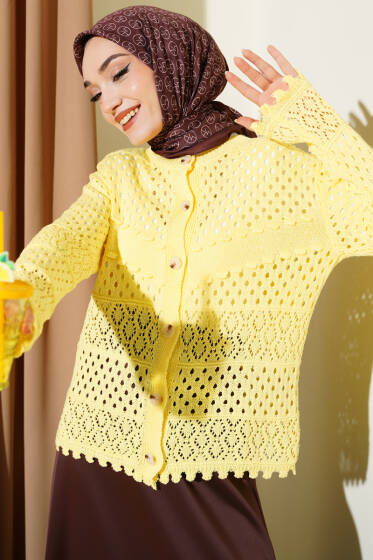 Düğmeli Kabartmalı Kısa Triko Hırka Sarı - Hırka