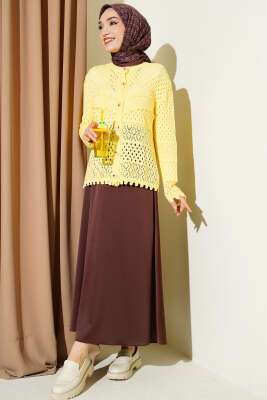 Düğmeli Kabartmalı Kısa Triko Hırka Sarı - Hırka