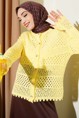 Düğmeli Kabartmalı Kısa Triko Hırka Sarı 