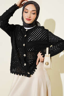 Düğmeli Kabartmalı Kısa Triko Hırka Siyah - RAFİMİX