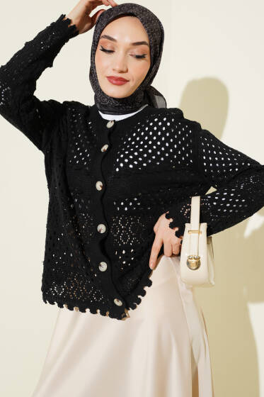 Düğmeli Kabartmalı Kısa Triko Hırka Siyah - Hırka