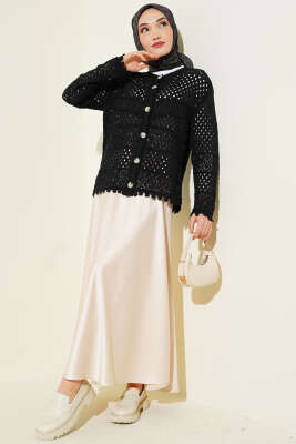 Düğmeli Kabartmalı Kısa Triko Hırka Siyah - Hırka