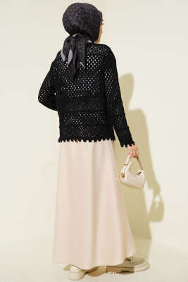 Düğmeli Kabartmalı Kısa Triko Hırka Siyah - Hırka