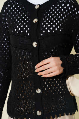 Düğmeli Kabartmalı Kısa Triko Hırka Siyah - Hırka