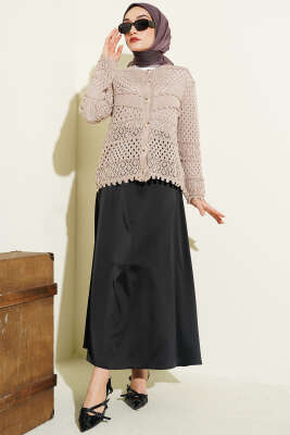 Düğmeli Kabartmalı Kısa Triko Hırka Vizon - Hırka