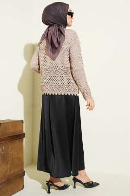 Düğmeli Kabartmalı Kısa Triko Hırka Vizon - Hırka