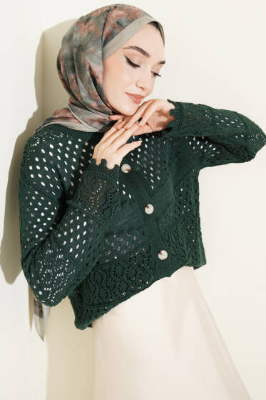 Düğmeli Kabartmalı Kısa Triko Hırka Zümrüt - Hırka