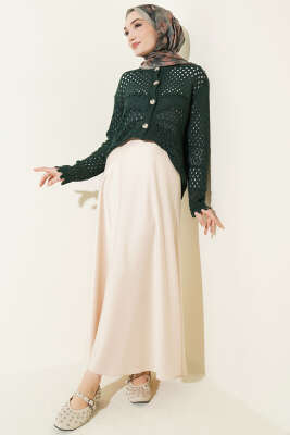 Düğmeli Kabartmalı Kısa Triko Hırka Zümrüt - Hırka