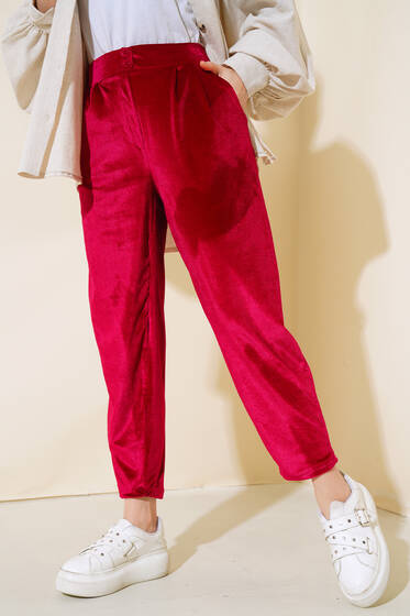 Düğmeli Kadife Pantolon Fuşya - Kumaş Pantolon