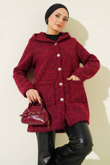 Düğmeli Kapüşonlu Buklet Hırka Bordo - 500-700 TL Ürünler