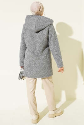 Düğmeli Kapüşonlu Buklet Hırka Gri - Hırka