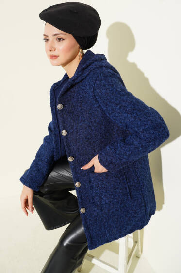 Düğmeli Kapüşonlu Buklet Hırka Lacivert - Hırka