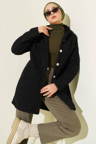Düğmeli Kapüşonlu Buklet Hırka Siyah - Hırka