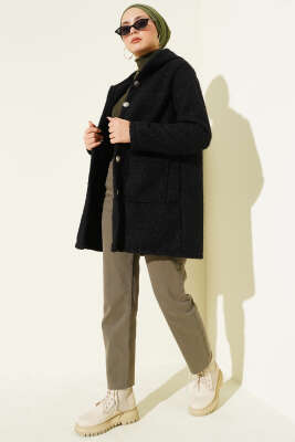 Düğmeli Kapüşonlu Buklet Hırka Siyah - Hırka