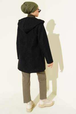 Düğmeli Kapüşonlu Buklet Hırka Siyah - Hırka