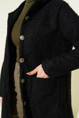 Düğmeli Kapüşonlu Buklet Hırka Siyah - Hırka