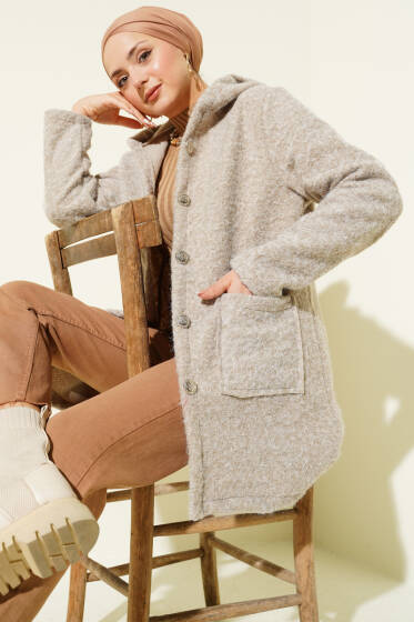 Düğmeli Kapüşonlu Buklet Hırka Vizon - Hırka