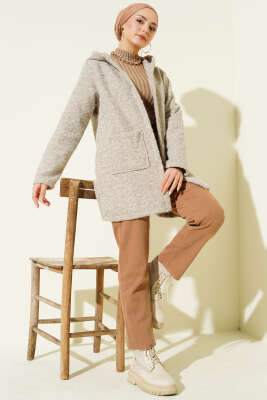 Düğmeli Kapüşonlu Buklet Hırka Vizon - Hırka