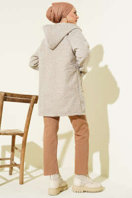 Düğmeli Kapüşonlu Buklet Hırka Vizon - Hırka