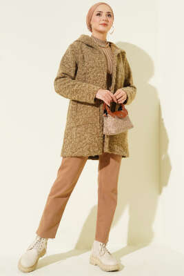 Düğmeli Kapüşonlu Buklet Hırka Vizon - Hırka