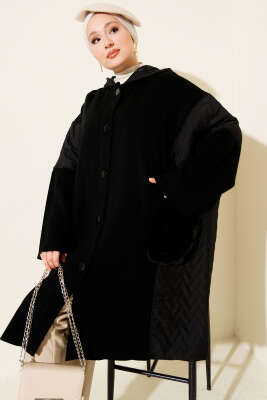 Düğmeli Kapüşonlu Granili Panço Siyah - ULUDAĞ TRİKO