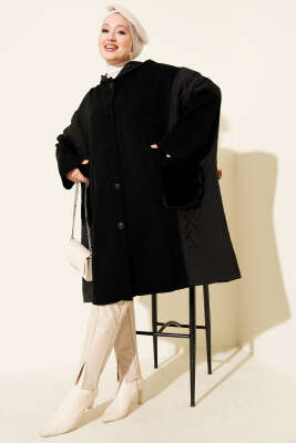 Düğmeli Kapüşonlu Granili Panço Siyah - Panço