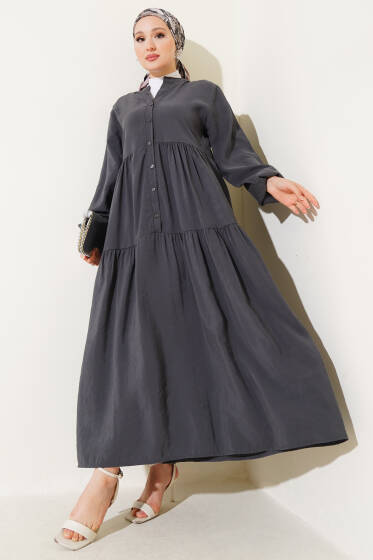Düğmeli Kat Kat Tensel Elbise Füme - Elbise