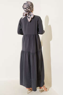 Düğmeli Kat Kat Tensel Elbise Füme - Tesettür Elbise