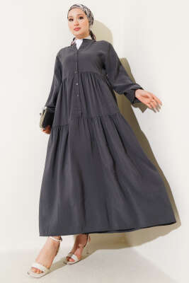 Düğmeli Kat Kat Tensel Elbise Füme 