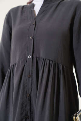 Düğmeli Kat Kat Tensel Elbise Füme - Tesettür Elbise