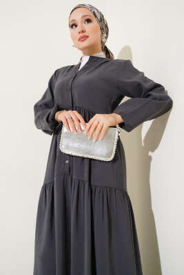 Düğmeli Kat Kat Tensel Elbise Füme - Tesettür Elbise