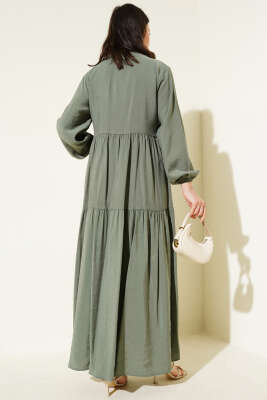 Düğmeli Kat Kat Tensel Elbise Haki - Tesettür Elbise