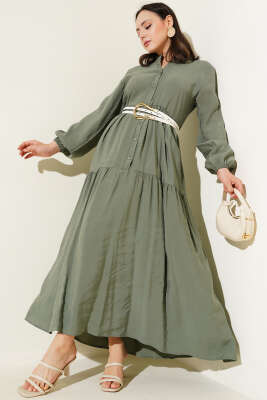Düğmeli Kat Kat Tensel Elbise Haki 