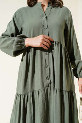 Düğmeli Kat Kat Tensel Elbise Haki - Tesettür Elbise
