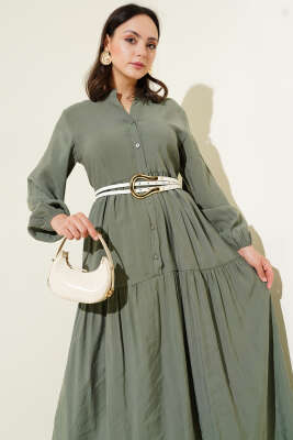 Düğmeli Kat Kat Tensel Elbise Haki - Tesettür Elbise