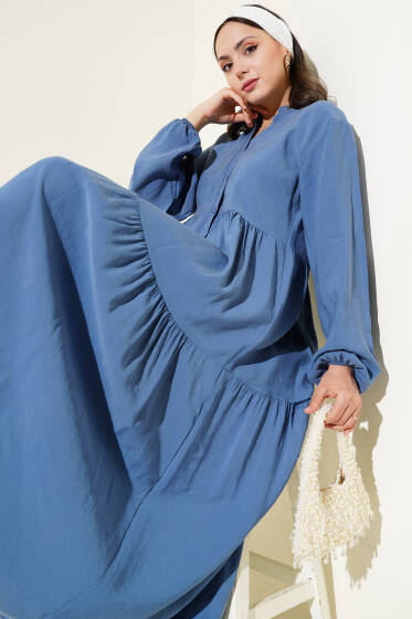 Düğmeli Kat Kat Tensel Elbise İndigo - Elbise