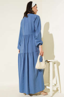 Düğmeli Kat Kat Tensel Elbise İndigo - Tesettür Elbise