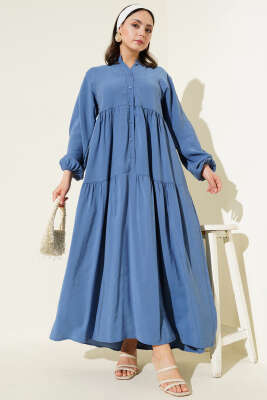 Düğmeli Kat Kat Tensel Elbise İndigo - Tesettür Elbise