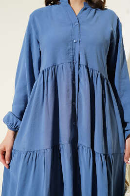 Düğmeli Kat Kat Tensel Elbise İndigo - Tesettür Elbise