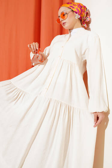 Düğmeli Kat Kat Tensel Elbise Krem - Elbise