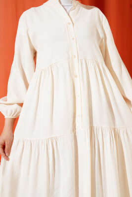 Düğmeli Kat Kat Tensel Elbise Krem - Tesettür Elbise