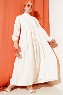 Düğmeli Kat Kat Tensel Elbise Krem - Tesettür Elbise