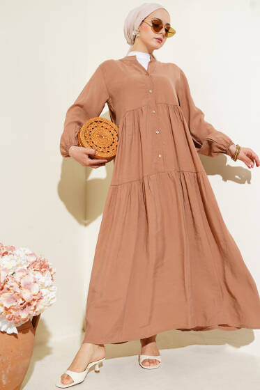 Düğmeli Kat Kat Tensel Elbise Latte - Elbise